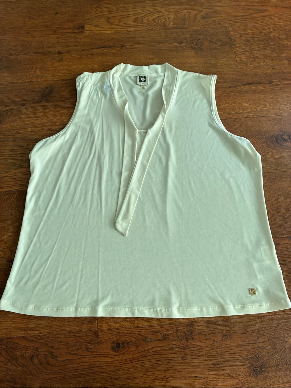 New Anne Klein Women's white Sleeveless Stretch Tie-Neck Blouse Top Size XL